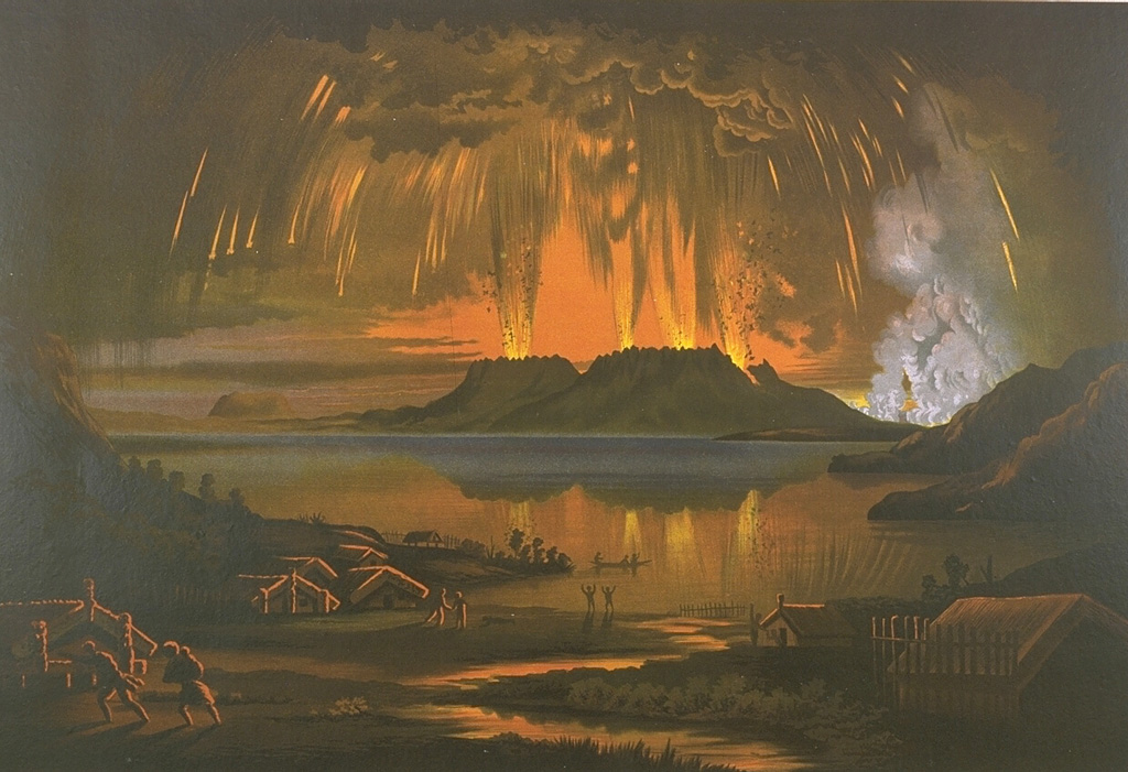 This painting shows the 10 June 1886, eruption of Tarawera, as seen across Lake Tarawera from the NW.  A brief, but powerful explosive eruption lasting 5 hours originated from a NE-trending fissure that cut across the Tarawera lava dome complex.  The eruption ejected 2 cu km of basaltic tephra and produced pyroclastic surges that traveled at least 6 km from the vent.  Several villages were buried, and 153 people were killed.  Chromolithograph of oil painting by Charles Blomfield (from the collection of Maurice and Katia Krafft).
