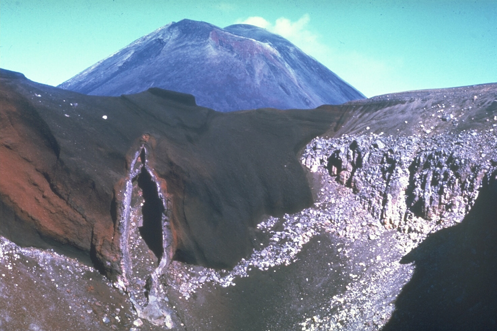 The SE wall of Red Crater is cut by a vertical volcanic dike that fed eruptions along a NE-SW-trending fissure. Magma along the outer part of the dike cooled against the red scoria walls, while magma at the center of the dike partially drained away, leaving this cavity. Ngauruhoe is visible in the background. These are two of more than a dozen cones and craters forming the Tongariro volcanic complex. Photo by Jim Cole (University of Canterbury).