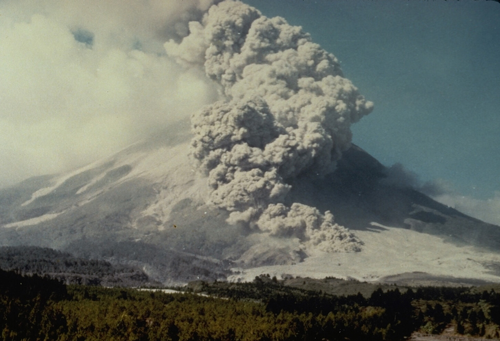 A pyroclastic flow descends the SW flank of Merapi volcano on 14 June 1984. A long period of lava dome growth began on 2 October 1972, and continued intermittently until 1990, occasionally punctuated by partial dome collapse that formed pyroclastic flows (block-and-ash flows) that travel down the flanks. Photo by Ministry of Public Works, 1984 (courtesy of Volcanological Survey of Indonesia).