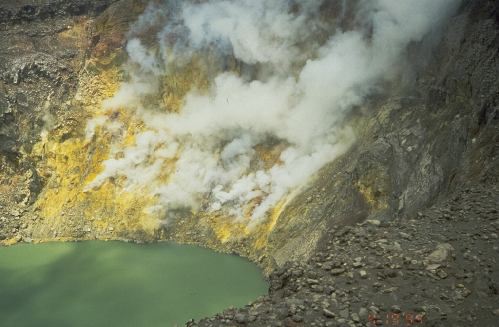 Thermal activity at the surface of a volcano is evidence of volcanic heat below. The fumarolic activity seen here produces vigorous gas-and-steam plumes along the sulfur-coated wall of the summit crater at El Salvador's Santa Ana volcano. Thermal activity is common during non-eruptive periods at many volcanoes, and may persist for many thousands of years. The interaction of high-temperature volcanic fluids and gases with groundwater in hydrothermal fields can produce geysers, hot springs, and mud pools. Photo by Kristal Dorion, 1994 (U.S. Geological Survey).