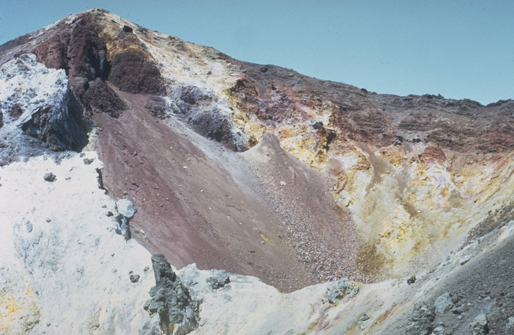 The summit crater of Cerro Negro is seen in March 1967, a year and half prior to the 1968 eruption.  Light-colored areas result from heavy sublimate deposition.  Frequent historical eruptions have greatly modified the morphology of Cerro Negro's summit crater.   Photo by Bill Rose, 1967 (Michigan Technological University).
