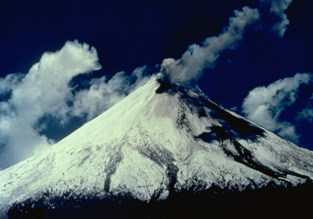 Activity seen in this August 1976 view of the west flank of Sangay volcano is typical of a long-term eruption that began in 1934.  An ash plume rises from one of several summit craters.  Much of the dark area on the western flank is a shadow, but a dark lava flow can be seen descending the slopes of the volcano.  Frequent explosive eruptions and occasional lava flows have constructed Ecuador's most symmetrical volcano.  It rises to over 5200-m altitude above the jungles of the western Amazon basin. Photo by Jean-Christophe Sabroux, 1976 (courtesy of Minard Hall, Escuela Politécnica Nacional, Quito).