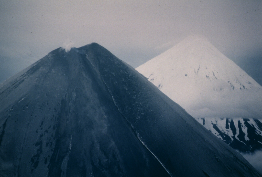 Both Cleveland (left) and Carlisle (right) volcanoes in the Aleutian islands are snow-covered, but the flanks of Cleveland in this 24 June 1987 photo, seen from the ESE, are darkened by ashfall deposits from an explosive eruption that began on 19 June. Photo by Harold Wilson, 1987 (Peninsula Airways), courtesy of John Reeder (Alaska Div. Geology Geophysical Surveys).