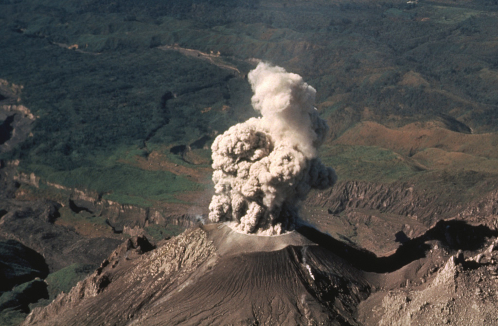 An ash plume rises above Caliente vent at Santiaguito in February 1988. Eruptions at this time took place at intervals of 1 or 2 per hour and consisted of brief 1-2 minute ash emissions that reached altitudes of about 4 km (slightly above the elevation of the summit of Santa María, from where the photo was taken). Light ashfall from these small explosions affected areas to about 6 km from the vent. Photo by Jon Fink, Arizona State University, 1988 (courtesy of Bill Rose, Michigan Technological University).