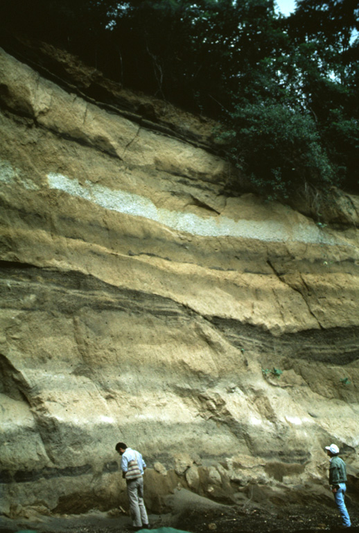 A thick sequence of tephra layers, mostly from Acatenango, is exposed on the northern flank. Yepocapa, the northernmost of the two volcanic centers forming Acatenango, formed between about 70,000 and 43,000 years ago. Its major period of eruptive activity ended about 20,000 years ago, after which the activity of the southernmost center, Pico Mayor, commenced. Photo by Bill Rose, 1987 (Michigan Technological University).