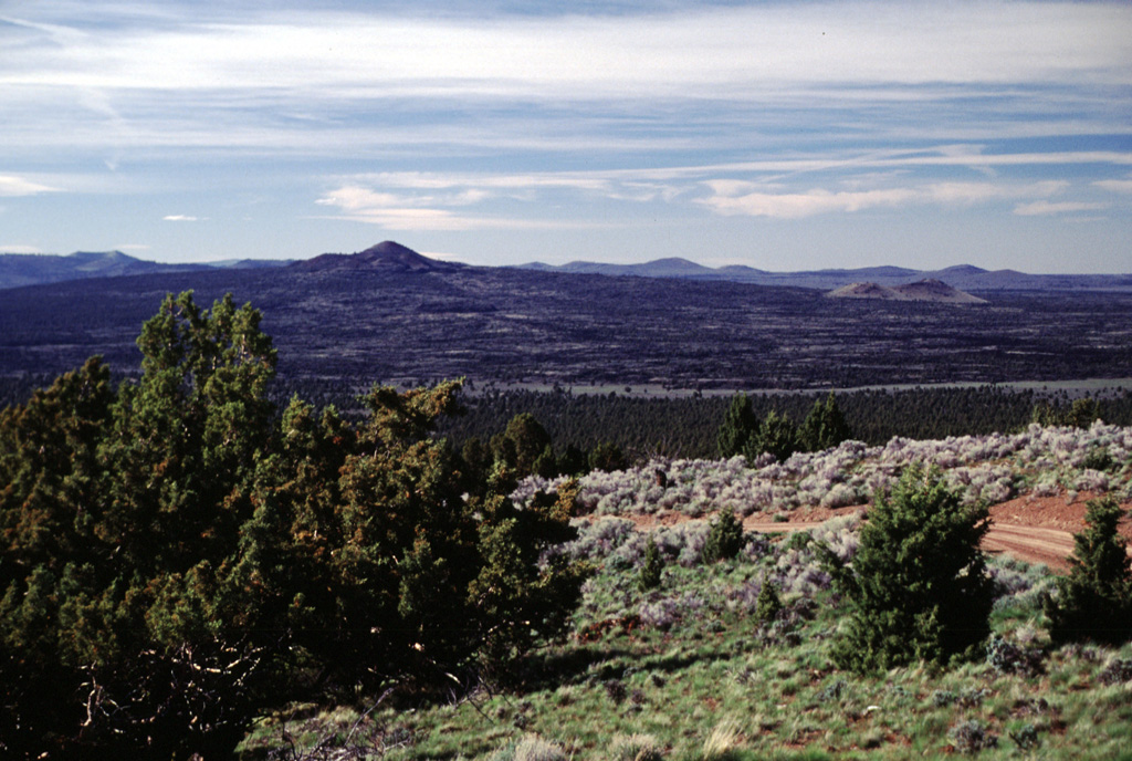 The Lava Mountain pyroclastic cone complex (left-center), seen here looking N from Green Mountain, forms a prominent topographic high on a shield volcano and lava field. This late Pleistocene lava fiel is the middle of a group of three young basaltic fields in the High Lava Plains SE of Newberry volcano. Lava flowed in all directions for distances up to 6 km from the summit cone complex, surrounding older cones such as the lighter colored Twin Buttes (right). Photo by Lee Siebert, 2000 (Smithsonian Institution).