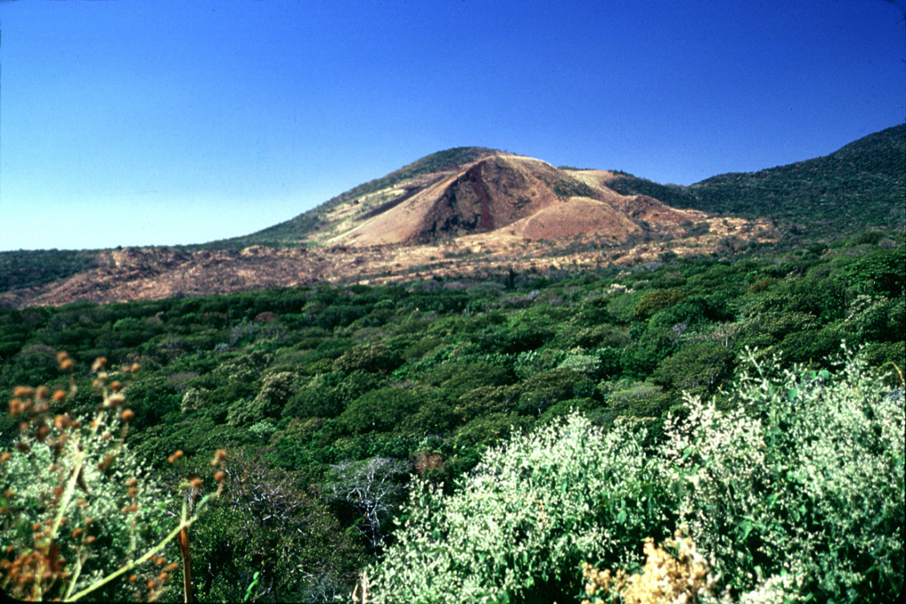 San Marcelino scoria cone (center) on the NE flank of Santa Ana was the source of a lava flow that traveled 13 km to the east (left). The 1722 lava flow originated from two vents at the eastern and western sides of San Marcelino. Photo by Lee Siebert, 2002 (Smithsonian Institution).