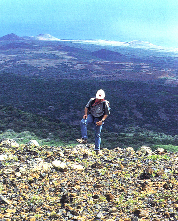 The Lomas Coloradas cones along the SW coast of Socorro appear in the background behind a geologist near the summit of Cerro Evermann. A brief phreatic eruption apparently occurred from a scoria cone west of the Lomas Coloradas on 22 May 1951, witnessed from a yacht offshore at Caleta Binner. During a 5-10 minute period, a plume sequentially incandescent, black, and then white rose a short distance above the cone, and clasts fell around the cone. The plume eventually reached a height of about 1,200 m. Photo by Hugo Delgado-Granados, (Universidad Nacional Autónoma de México).