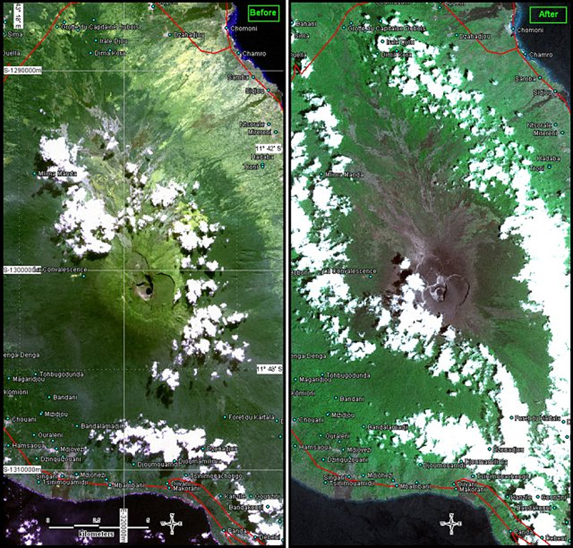 Karthala is seen in two images (10-m resolution) at nearly the same scales. The left image was acquired before the 2005 eruptions by SPOT4 on 13 July 2004. The right image is from after the 24 November 2005 eruption, taken by SPOT5 on 5 December 2005. Both images are partly masked by clouds. The right-hand photo shows ashfall deposits from the April and November eruptions blanketing the summit caldera and upper flanks. Photo courtesy of United Nations, 2005 (UNOSAT)