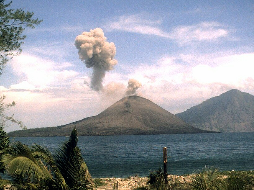 An ash plume from Anak Krakatau on 1 November 2007 is seen from the NW from a monitoring station on Sertung Island (also called Verlaten island). A detached ash plume from an earlier explosion drifts to the left as a new plume rises above the vent. Explosive activity had resumed at Krakatau on 23 October. Ash eruptions and ejection of incandescent material were accompanied by the effusion of lava flows. Rakata Island is in the background. Photo by Center of Volcanology and Geological Hazard Mitigation (CVGHM), 2007.
