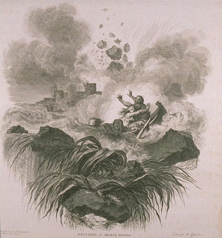 This fanciful sketch depicts explosions at Monte Nuovo in 1538, the latest eruption in the Campi Flegrei caldera.  The week-long eruption produced a new 100-m-high cinder cone, Monte Nuovo.  Small pyroclastic flows during the opening stage of the eruption traveled a few hundred m from the cone.  An explosion on the last day of the eruption killed 24 people who had climbed onto the cone.     From the collection of Maurice and Katia Krafft.