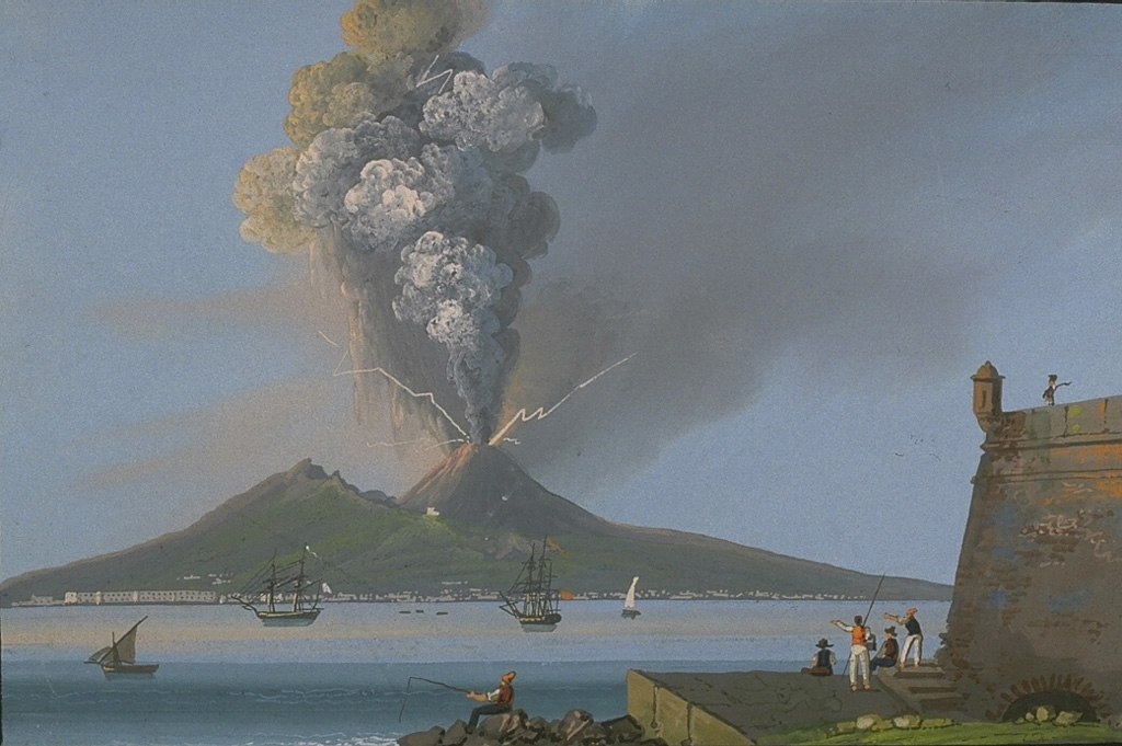 An explosive eruption July 29 to August 13, 1779, produced widespread ashfall that caused extensive damage to many towns.  This painting shows a strong eruption column accompanied by lightning as seen from across the Bay of  Naples.  This eruptive period began in 1770, and included the emission of lava flows in 1770, 1771, 1774, 1776, and 1779.    From the collection of Maurice and Katia Krafft.
