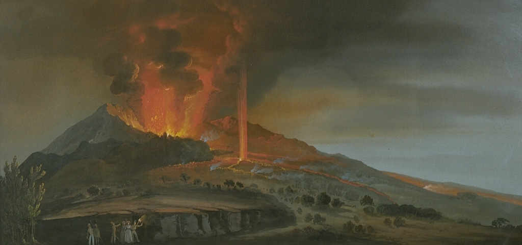 A painting depicts an eruption of Mount Etna on August 21, 1852.  The eruption, which began the previous day, originated from a radial fissure in the Valle del Bove, the large horseshoe-shaped depression on the east flank.  Explosive eruptions occurred along the fissure, which fed lava flows down the west flank that damaged inhabited areas. From the collection of Maurice and Katia Krafft.