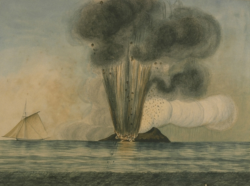 An eruption at Graham Island (Giulia Ferdinandeo) in the Sicilian Sea in 1831. A new island was formed that was promptly claimed by Italy, France, Britain, and Spain. The island quickly eroded to beneath the sea surface after the eruption ended. Graham Island (also known as Ferdinandeo Bank) is part of the Campi Flegrei del Mar di Sicilia (Phlegraean Fields of the Sicily Sea), a group of submarine volcanoes constructed within a depression about 1,000 m deep, SW of Sicily. From the collection of Maurice and Katia Krafft (published in Simkin and Siebert, 1994).