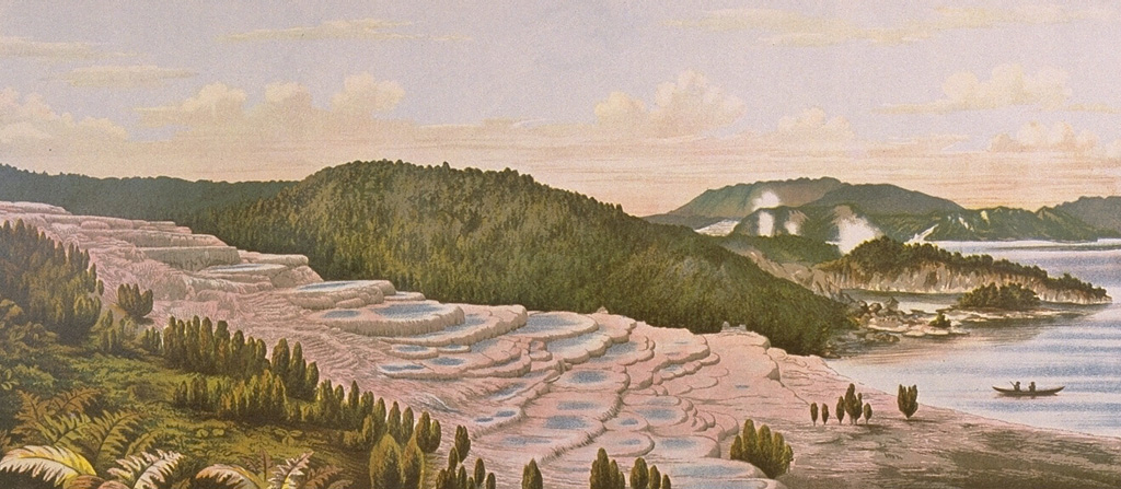 The renowned hot spring terraces at Rotomahana, one of the scenic wonders of New Zealand until the 19th century, were destroyed and buried by the 1886 eruption of Tarawera.  Otukapuarangi (the Pink Terrace), shown here, and the nearby Te Tarata (the White Terrace), had been among the world's most spectacular hot spring terraces, attracting visitors from around the world. From the collection of Maurice and Katia Krafft.