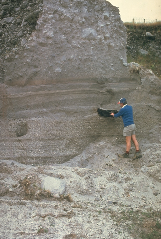 The Kaharoa eruption about 700 years ago was the first Holocene eruption of the Tarawera lava dome complex in the Okataina Volcanic Centre. It produced an extensive rhyolitic tephra deposit that extended to the E coast of North Island. Geologist Pat Brown examines a charcoalized log within a pyroclastic flow deposit from this eruption. The upper part of the section consists of blocky debris from collapse of a rhyolitic lava dome at the end of the eruption. Photo by Jim Cole (University of Canterbury).