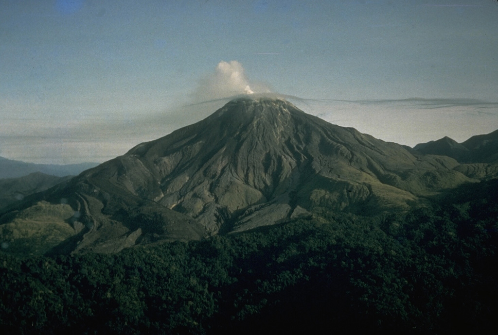 Bagana volcano is seen here on 7 October 1964 from the S with the 1964 lava flow descending the western flank to the left. About halfway down the flank the flow divides into four lobes, two of which flow to the W and the other two towards the camera to the S. The 1964 eruption began with explosive activity on 24 April. Lava extrusion soon began and continued into 1965. Photo by C.D. Branch, 1964 (courtesy of Ben Talai, Rabaul Volcano Observatory).