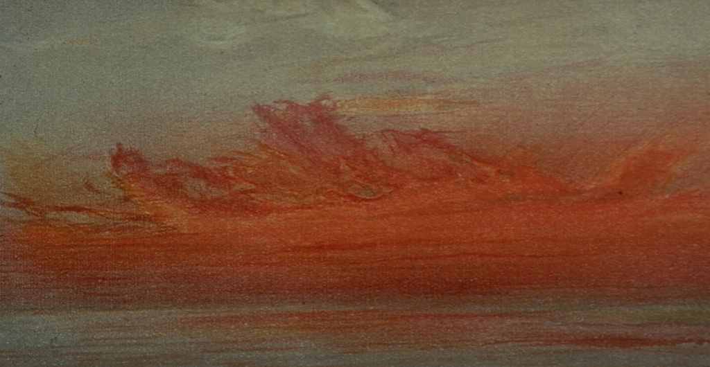 Atmospheric effects of the 1883 eruption were noted around the world. A series of pastels by William Ascroft documented atmospheric effects such as this 16 November 1883 sunset at Chelsea, London. In addition to extraordinarily long and vivid sunsets, a second illumination occurred after the sun went below the horizon due to the aerosols high in the atmosphere. Pastel by William Ascroft, 1883 (from the Science Museum, London, published in Simkin and Fiske, 1993).