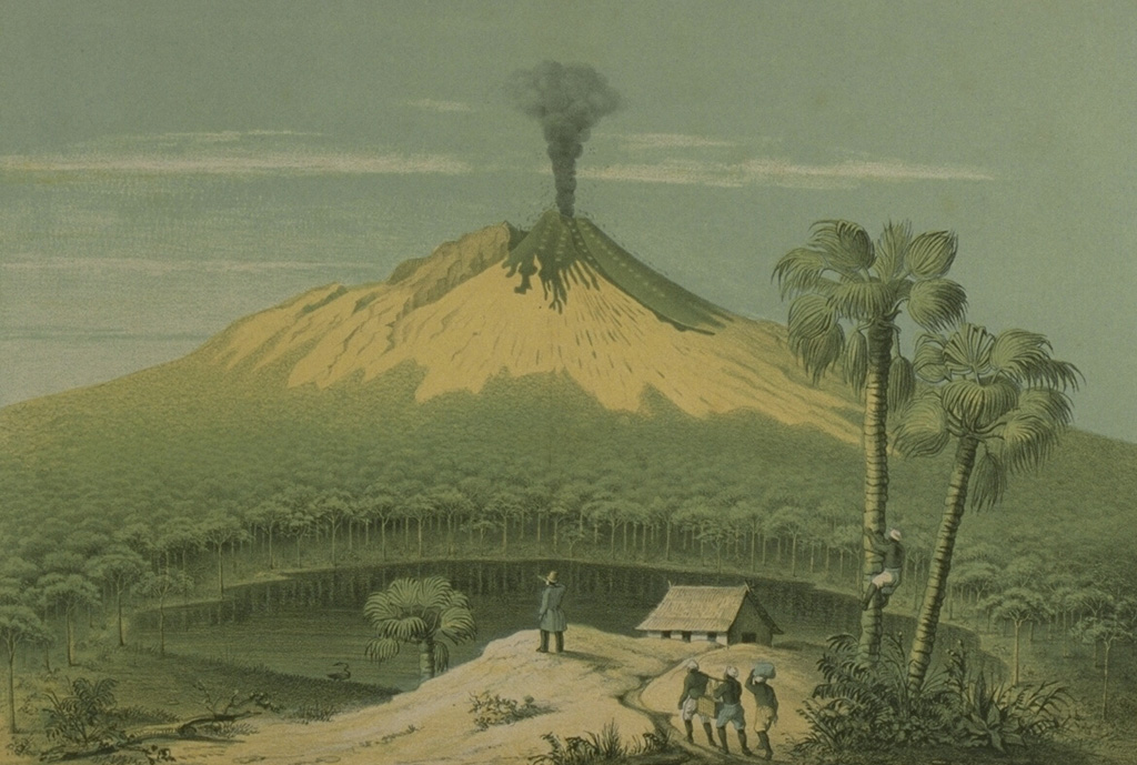 This sketch from the west, published during the mid-19th century, depicts one of  the several 19th-century eruptions that produced both explosive activity and lava flow emission from the summit crater.  One of the many lake-filled maars surrounding the volcano is seen in the foreground. Sketch by F. Junghuhn (from the collection of Maurice and Katia Krafft).