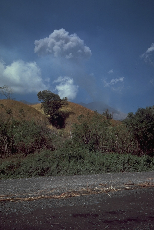 An ash plume rises above the Doro Api peak of Sangeang Api volcano on 25 August 1985. The eruption, which began on 30 July and lasted until February 1988, included explosive activity, pyroclastic flows, and a lava flow that traveled 4-5 km down the W flank. Photo by Tom Casadevall, 1985 (U.S. Geological Survey).