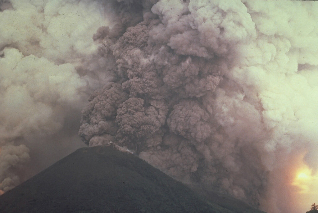 A vigorous plinian eruption column, seen from the ENE side during the afternoon of May 9, rises above an arcuate fissure cutting both sides of Banda Api volcano.  The plume reached a maximum height of 16.5 km, depositing blocks, pumice, and scoria primarily to the west. Photo by Shoji and Taeko Ozawa, 1988; courtesy of Tom Casadevall (U.S. Geological Survey).
