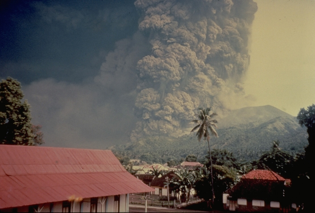 The largest historical eruption of Iya volcano took place in January 1969.  During the course of a three-day eruption beginning on January 27 an eruption column reached 5 km above the volcano.  Pyroclastic flows and lahars completely overran one village and damaged 7 others, destroying 287 houses. Copyrighted photo by Katia and Maurice Krafft, 1969.