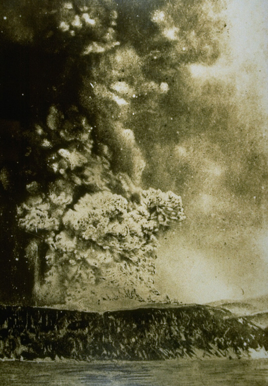 An eruption column rises above Perboewatan crater on Krakatau Island on 27 May 1883. Three months later one of history's most noted eruptions destroyed much of the island, forming a submarine caldera. Detonations were heard as far away as Australia, pyroclastic flows swept across the sea to the coast of Sumatra, and powerful tsunamis devastated the shores of Sumatra and Java. Photo courtesy Volcanological Survey of Indonesia, 1883.