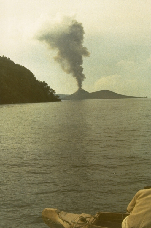 An ash plume rises above Anak Krakatau on 4 January 1973. The eruption began in June 1972 and lasted until mid-1973. Frequent explosions from June to September 1972 were followed in December by renewed explosive activity and the effusion of a lava flow, which ceased flowing in January 1973. Photo by S. Wikartadipura, 1973 (Volcanological Survey of Indonesia).