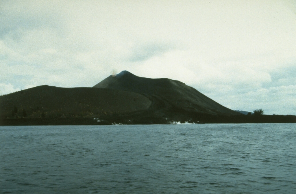 Anak Krakatau is seen here in 1993 from the east with a lava flow reaching the sea in the foreground. This eruption began with explosions and lava emission on 7 November 1992. Lava flowed to the SE and NE, eventually reaching the NW coast. Another lava flow traveled to the SSE beginning in February 1993 and reached the southern coast. A third flow descended to the north in April and May. Explosive activity was continuing in June, when a tourist was killed and five others injured. Eruptions continued until October 1993. Photo by Ruska Hadian, 1993 (Volcanological Survey of Indonesia).