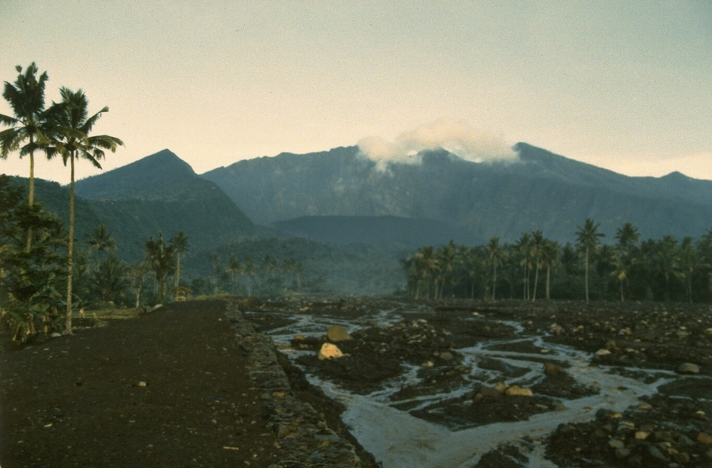 The low, forested volcano of Galunggung in western Java has a 2 x 6 km collapse scarp formed by a large flank collapse that created the "Ten Thousand Hills of Tasikmalaya" at the foot of the volcano. Historical eruptions have been infrequent but have caused extensive devastation. This view shows the low Gunung Jadi cone in front of the headwall scarp and lahar channels on the Cikunir River from the 1982-1983 eruption. Photo by Ruska Hadian, 1983 (Volcanological Survey of Indonesia).