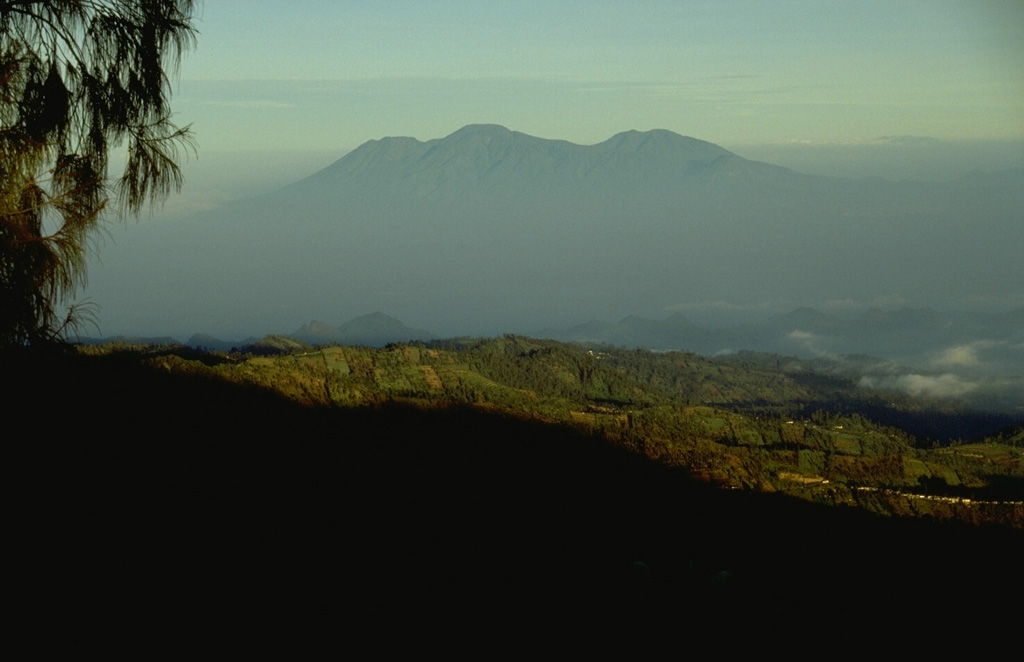 The broad Kawi-Butak volcanic massif, seen here from the ENE along the rim of Tengger caldera, is located immediately E of Kelud volcano and S of Arjuno-Welirang volcano. Gunung Kawi (right) was constructed to the NW of Gunung Butak (center). Photo by Lee Siebert, 1995 (Smithsonian Institution).