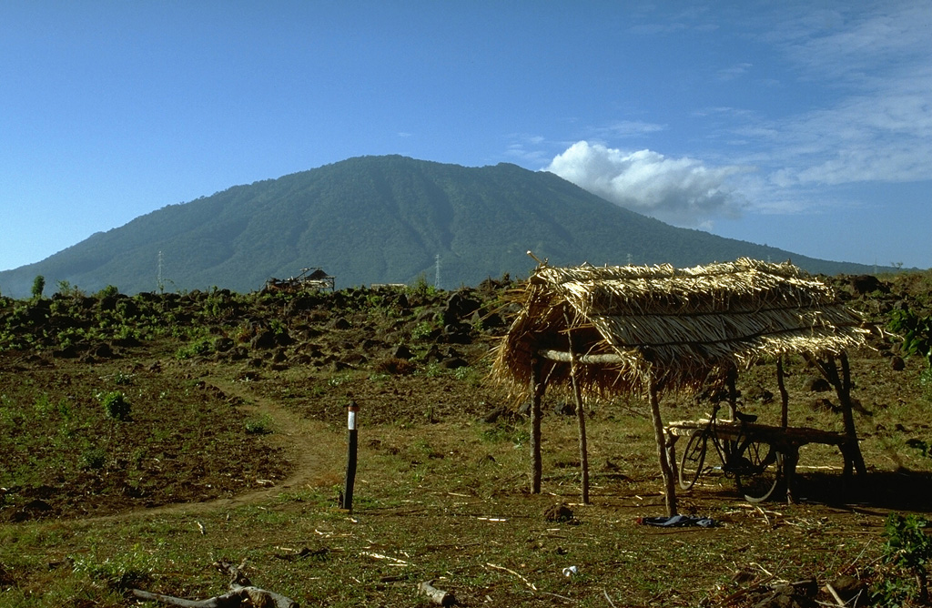 Gunung Baluran in the NE tip of Java is seen here from the SW. It has a large crater that opens towards the NE. Photo by Lee Siebert, 1995 (Smithsonian Institution).