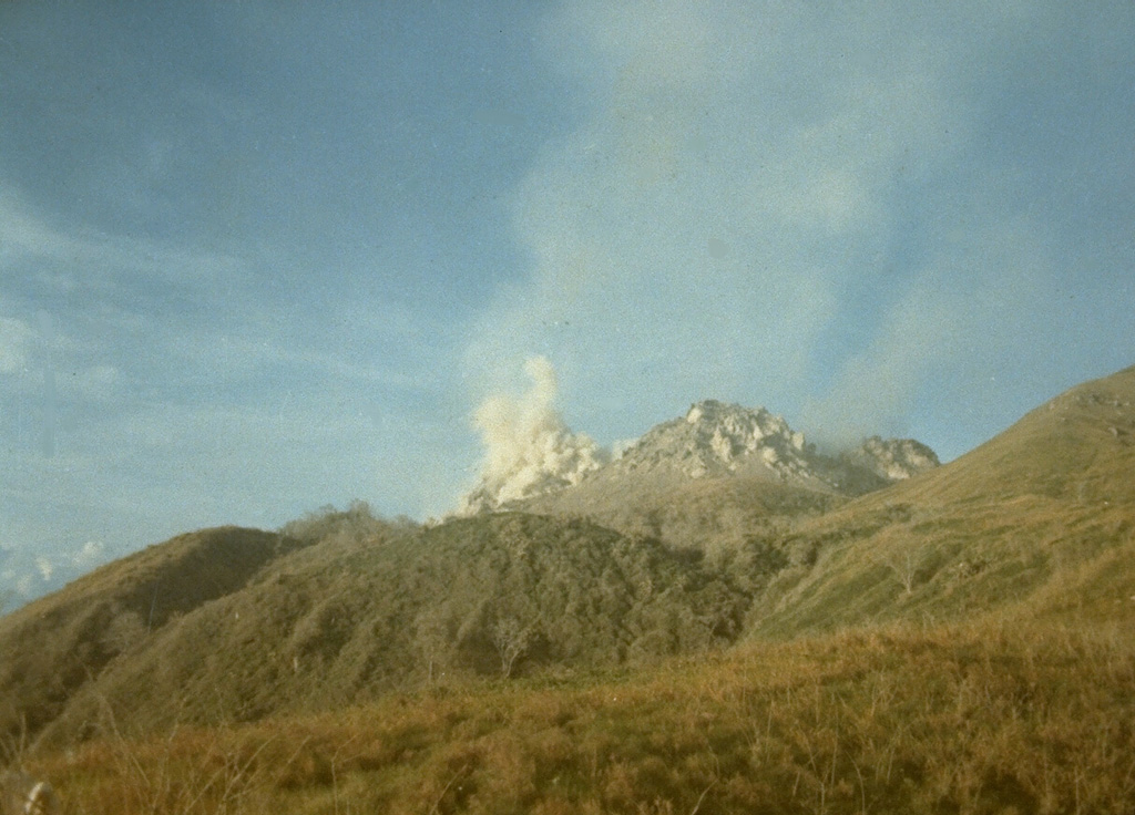 A small plume rises from a lava dome at the summit of Paluweh volcano, seen here in 1985 from the south. The dome is one of several lava domes emplaced here during historical time. Photo by Ruska Hadian, 1985 (Volcanological Survey of Indonesia).