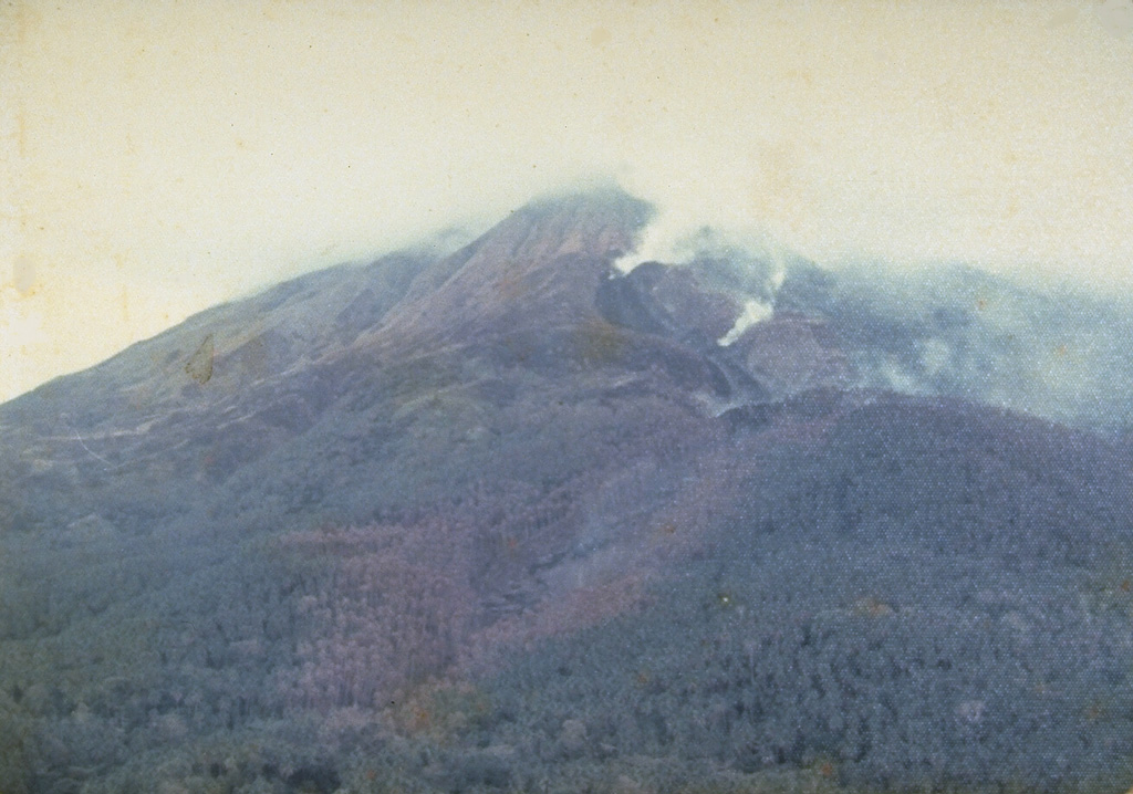 Steam rises from a lava flow descending the north flank in 1976, viewed from Ulu village.  A period of almost continuous eruptive activity that began in January 1972 ended in April 1976.  Intermittent explosive eruptions were accompanied by lava dome growth and lava flows and lahars. Photo by J. Matahelumual, 1976 (Volcanological Survey of Indonesia).