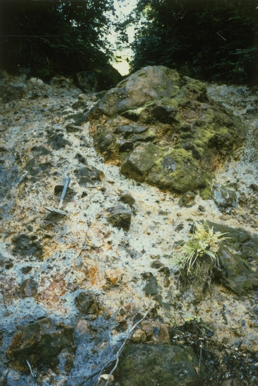 This outcrop along the Oshirakawa river east of Hakusan volcano in Japan shows textures that are common at debris avalanche deposits. Large fractured clasts are carried in a finer matrix that shows variations in color. This results from the transport of small discrete segments of the volcano for long distances without being completely broken up and mixed together. This debris avalanche was produced by a volcanic landslide from the summit and E flank of Hakusan about 4,200 years ago. Photo by S. Shimuzu (courtesy of Toshio Higashino, Haku-san Nature Conservation Center).