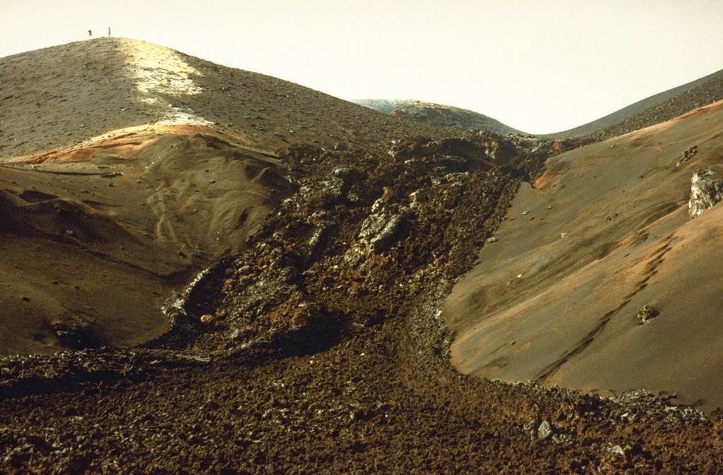 A lava flow from the April-August 1989 eruption on the east flank of Nyamuragira is seen in this December 1989 view. Low levees bank against the side of the cone. People on the cone on the left horizon provide scale. Photo by Henry-Luc Hody, 1989 (Belgian ambassador).