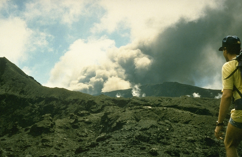 During 5-18 September 1990 Ambrym was observed to be ejecting ash and blocks from Niri Mbwelesu crater, which formed adjacent to Mbwelesu crater in 1989 when Mbwelesu was also active. It no longer contained an active lava lake. Mbwelesu, Niri Mbwelesu, and Niri Mbwelesu Taten craters remained almost constantly active into 1991. Photo by Michel Lardy, 1990 (ORSTROM, Vanuatu).