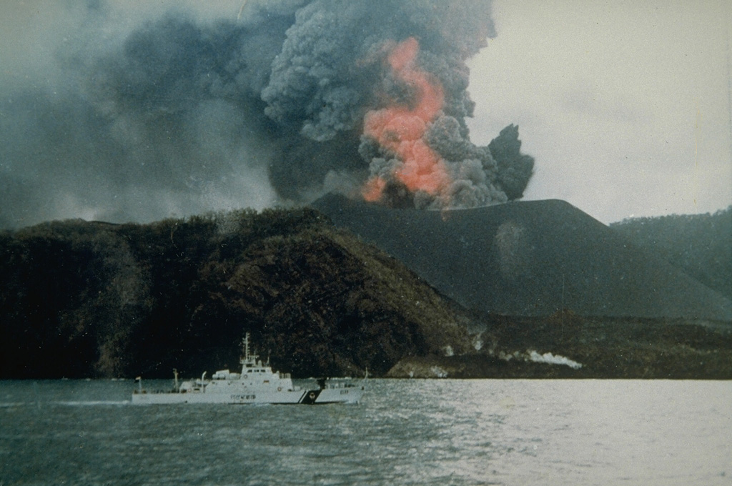 Barren Island erupted for the first time in the 20th century in April 1991. Strombolian eruptions from the central cone produced ash plumes and incandescent ejecta, and a lava flow that is visible in the foreground and reached the W coast of the island. By the time of this 25 September photograph, all subsidiary vents had merged to form an enlarged summit crater. Photo courtesy of D. Haldar, 1991 (Geological Survey of India)