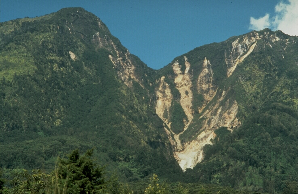 Small plumes rise to the lower right from a geothermal area on the southern flanks of Gunung Lawu at an elevation of 2,550 m. Erosion of hydrothermally altered rocks produces vegetation-free areas. Photo by Dan Dzurisin, 1980 (U.S. Geological Survey).