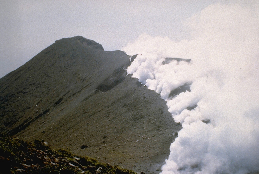 Gas-and-steam plumes emanate from a newly opened, 800-m-long arcuate fissure on Shindake, the summit crater of Japan's Kuchinoerabujima volcano, on 29 September 1980. A brief eruption at the fissure the previous day ejected blocks and ash up to 2 km above the crater. All historical eruptions have occurred from the Shindake crater; ejecta from frequent explosive eruptions since 1840 have sometimes damaged villages near the crater. Photo courtesy of Japan Meteorological Agency, 1980.