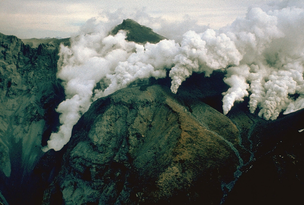 Plumes rise from a series of vents 300 m S of the summit on 29 October 1979, the day after the start of the first historical eruption at Ontake. During the first day of the eruption ash and lapilli were ejected in an ash plume that reached 1.5 km above the vent. Steam and gas emission with periodic minor ashfall continued for several months. No fumaroles existed at this location prior to the eruption. Photo by T. Kobayashi, 1979 (courtesy Tokiko Tiba, National Science Museum).