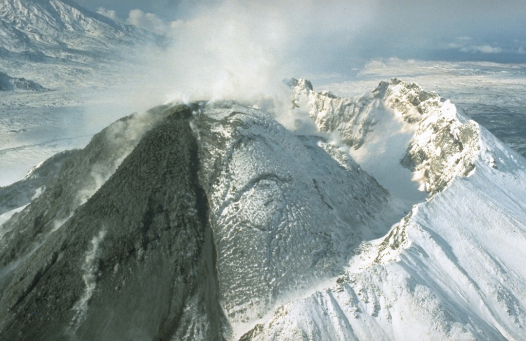 Growth of the Novy lava dome was accompanied by pyroclastic flows through much of 1990. On 10-11 March a short viscous lava flow was extruded, and a 10-km-high ash plume was accompanied by pyroclastic flows that traveled 4-5 km. Lava extrusion, hot avalanches, and occasional pyroclastic flows took place 1-12 April, 11-15 July, 15-20 August, and 26 November-3 December. This photo, taken from the NE on 21 September 1990, shows a dark lava flow descending the eastern flank of the dome.  Photo by Dan Miller, 1990 (U.S. Geological Survey).