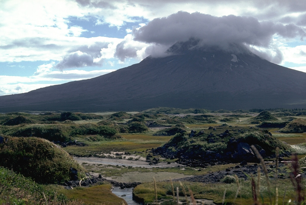 These small hills in the foreground of Alaska's Augustine volcano show a morphology common to debris avalanche deposits. The hummocks consist of relatively intact segments of the volcanic edifice that were transported long distances without disaggregating. This debris avalanche traveled roughly 11 km from the summit about 450 years ago. Photo by Lee Siebert, 1987 (Smithsonian Institution).