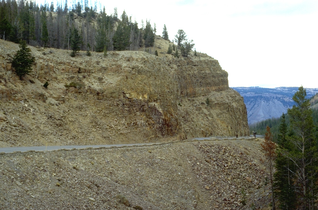 A roadcut at Golden Gate, north of Mammoth, cuts through the Huckleberry Ridge Tuff, the deposit produced by the gigantic eruption that created Yellowstone's first caldera about 2 million years ago.  The 2500 cu km Huckleberry Tuff,  one of the world's largest Quaternary eruptions, consists of welded tuffs and voluminous airfall deposits found as far away as southern California. The eruption created the 75-km-wide Island Park caldera, which extends from SE-Idaho into central Yellowstone. Photo by Lee Siebert, 1994 (Smithsonian Institution).