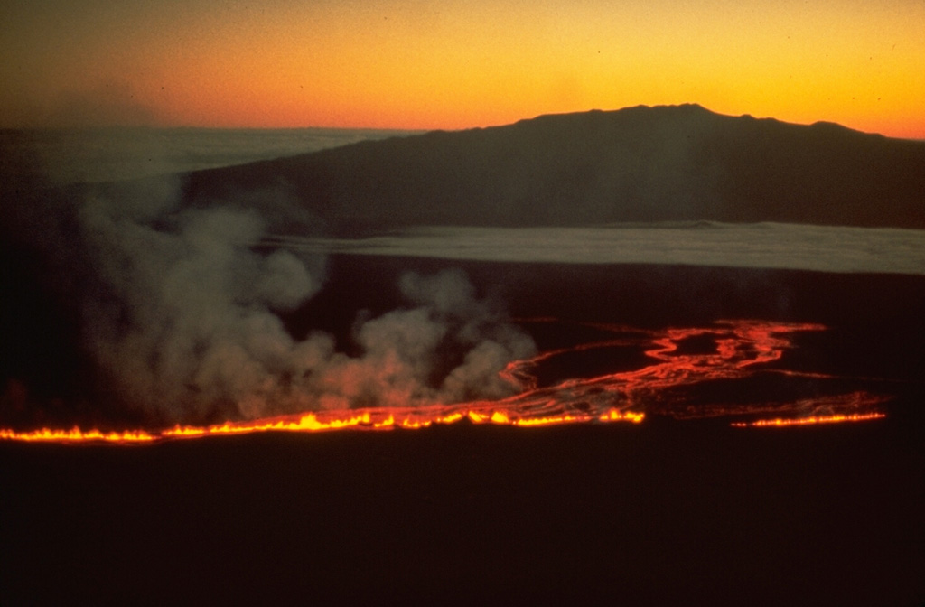 This view from the south on 5 March 1984 shows lava fountains producing a lava flow down the NE flank of Mauna Loa, with Mauna Kea in the background. The eruption began at 0126 at the summit and upper SW rift zone, but the fissure soon extended across the summit caldera and down the NE rift zone. Several hours later a new fissure opened 7 km to the east. Copyrighted photo by Katia and Maurice Krafft, 1984 (courtesy of Hawaii Volcano Observatory).