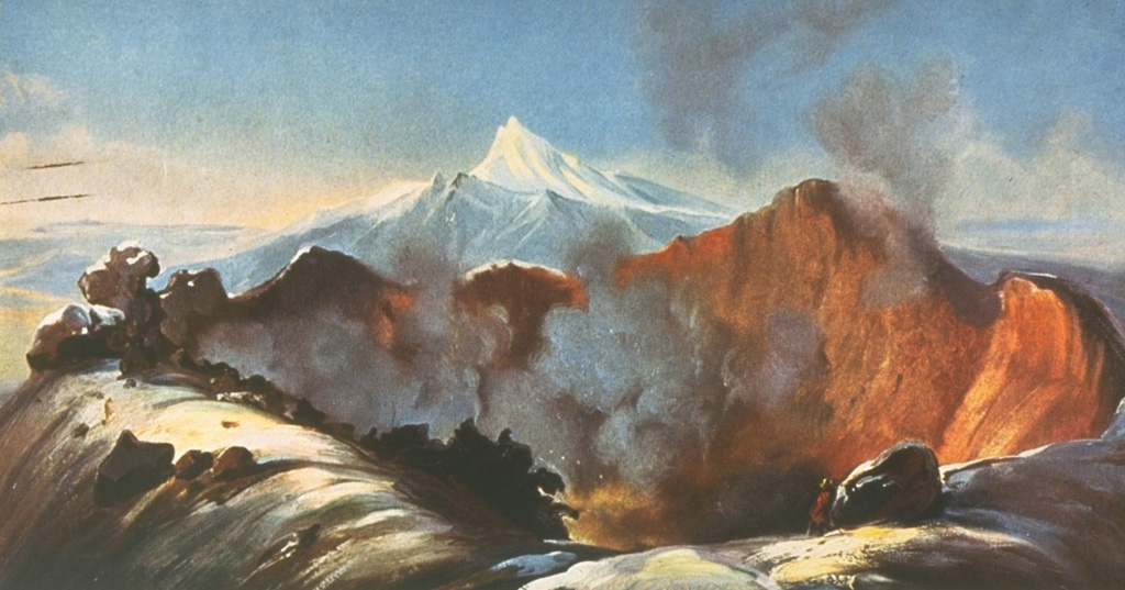 This painting by Rugendas published in 1856 depicts the active crater of Colima as it appeared in 1834 during the first scientific expedition to the summit. The painting shows the broad, deep crater excavated by the major explosive eruption of 15 February 1818. This eruption produced pyroclastic flows and abundant ash emission. Ashfall was reported up to 440 km away in Querétaro, Mexico City, Zacateras, and San Luis Potosí. Nevado de Colima appears in the background. Painting by Juan Mauricio Rugendas (courtesy of Julian Flores, University of Guadalajara).