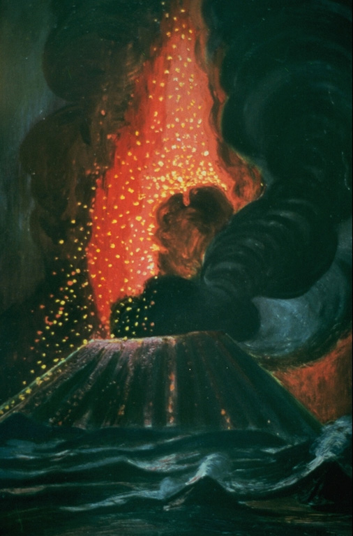 Parícutin ejects a shower of incandescent lava blocks and bombs and an ash plume in this painting by Dr. Atl, the renowned Mexican artist.  Painting by Dr. Atl (published in Luhr and Simkin, 1993).