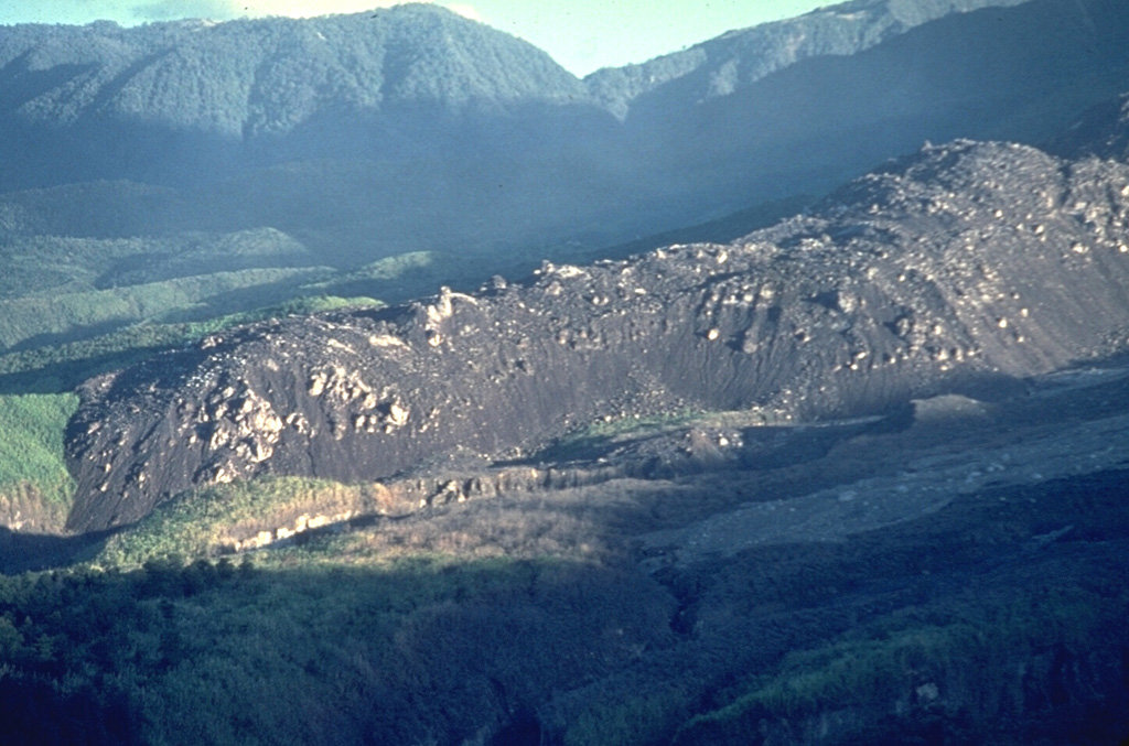 A dacitic lava flow that traveled to the SW from El Brujo vent of Santiaguito is seen in April 1963, a month after it ceased flowing. The slow-moving lava flow is approximately 50 m thick and extended about 1.5 km from the vent. El Brujo, near the western end of the Santiaguito dome complex of Guatemala's Santa María volcano, is the youngest at Santiaguito and was the focus of increased effusive activity from 1959 to 1963. Photo by Dick Stoiber, 1963 (Dartmouth College).