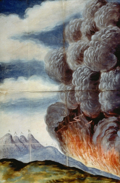 One of the largest historical eruptions of Pacaya, which occurred in 1775, is illustrated in this contemporary painting. The explosive eruption began on 1 July 1775 when several vents opened on the SW flank of Cerro Chino. A lava flow traveled to the south, eventually reaching 1,000 m elevation. The vents migrated towards the summit of Cerro Chino; one reference refers to activity at the summit 22 days into the eruption. Ashfall from this eruption was reported up to 200 km away. Anonymous painting (courtesy of Archivo Real Academia de la Historia, Madrid).