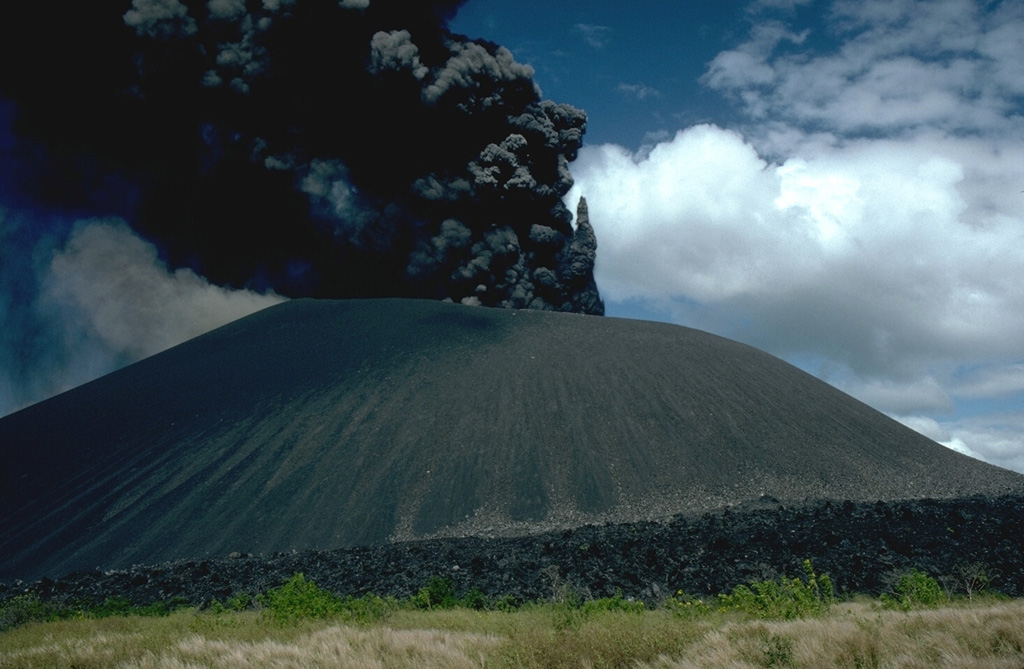 A dark, ash-rich eruption column rises above Cerro Negro volcano on December 1, 1995, near the end of an eruption that began on May 28 or 29.  Minor ash eruptions continued intermittently until August 16.  A small lava flow appeared in the main crater on July 24.  The most intense activity on June 2 was accompanied by a very small pyroclastic surge.  Explosive activity resumed from November 19 to December 6, and was accompanied by growth of a small lava dome in the summit crater and lava flows that traveled down the north flank. Photo by Britt Hill, 1995 (Southwest Research Institute).